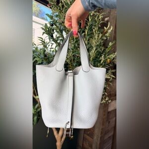 Brand New Hermes Picotin Lock 18 Bleu Pale Clemence Leather Palladium Calf Skin